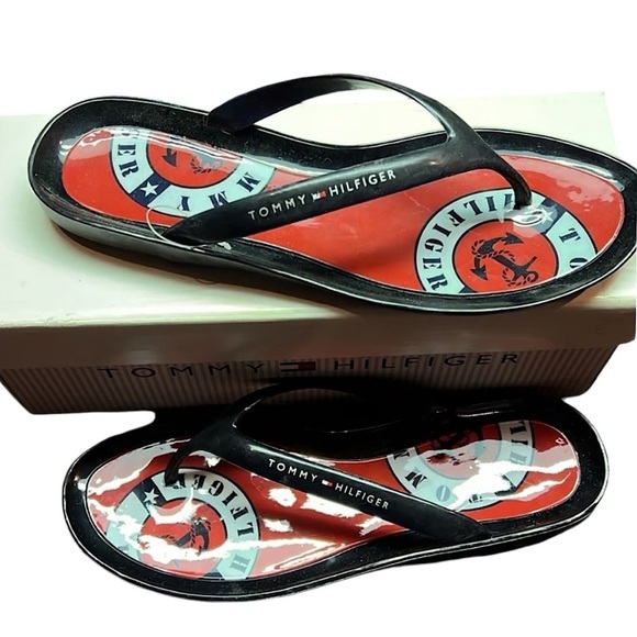 Tommy Hilfiger Black Red Nautical Flat Sandals Rubber Flip Flops  Women’s 7 - Picture 7 of 7